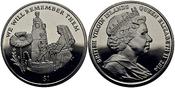 Британские Виргинские острова 1 доллар 2014 в память героев первой мировой войны, памятник KM NEW медно-никель UNC M90-14