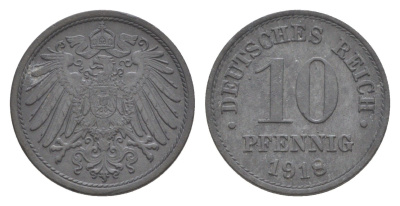 Германия 10 пфеннигов 1918 KM 26, J. 299 цинк 4647-1014