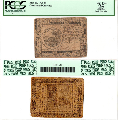 США, Континентальный доллар (Continental Currency) 6 долларов 1775 10 мая 1775 г. В холдере компании PCGS Currency. Сохранность - «25 Apparent». Бобер, лист лютика Friedberg № СС-6. Pick S106  бумага 452-3-56