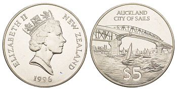 Новая Зеландия 5 долларов 1996 Окленд - Город Парусов, тираж 4.000 экземпляров KM 99 медно-никель BU 1085-8-34