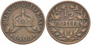 Немецкая Восточная Африка (Танзания) 1/2 геллера 1905 A, Ost-Africa Jaeger 715, KM 6 бронза 116-754