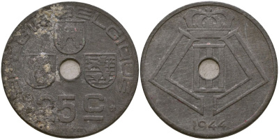 Бельгия 25 сантимов 1944 Король Леопольд III (1934 - 1947) KM 132 цинк 190-936