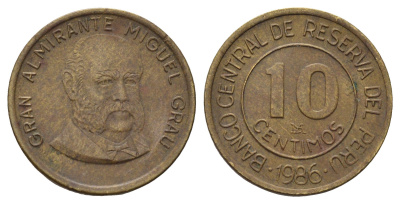 Перу 10 сентаво 1986 Мигель Грау Семинарио KM 293 латунь 4169-1233