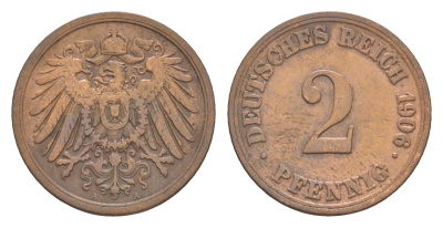 Германия 2 пфеннига 1906 A, Вильгельм II (1888-1918) KM 16, J. 11 медь 4647-848