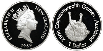 Новая Зеландия 1 доллар 1989 XIV Игры Содружества наций, бегун, Елизавета II (1952-2022), в оригинальной коробке, с сертификатом KM 67а серебро PROOF 4-3-5-33