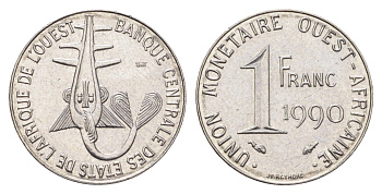 Западная Африка (ВСЕАО) 1 франк 1990 редкий год KM 8 нержавеющая сталь UNC 4396-823