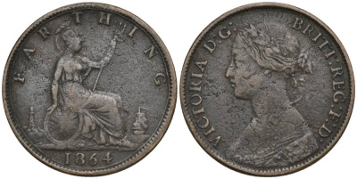 Великобритания 1 фартинг 1864 Виктория (1837-1901) KM 747.2, Spink 3958 бронза 4548-1055