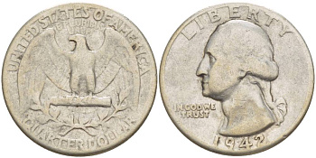 США 25 центов = квотер 1942 Вашингтон KM 164 серебро 4544-624