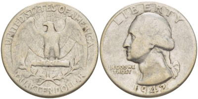 США 25 центов = квотер 1942 Вашингтон KM 164 серебро 4544-624