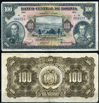 Боливия 100 боливиано 1928 серия C, Симон Боливар и Антонио Хосе Сукре Pick 125 a (3)  бумага   6285-45-3-1