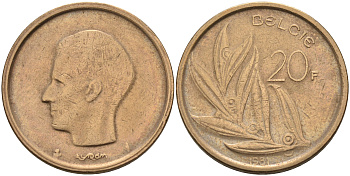 Бельгия 20 франков 1981 Belgie, Бодуэн I (1951-1993) KM 160 никель бронза  4595-1031