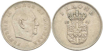 Дания 1 крона 1961 C; S, Фредерик IX (1947-1972) KM 851 медно-никель 38-522