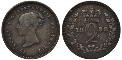 Великобритания 2 пенса 1838 Виктория (1837-1901), для обращения в Британской Гвиане и некоторых частях Британской Вест-Индии KM 729, Spink 3914E серебро 1524-423