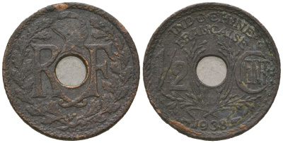 Французский Индокитай 1/2 сантима 1938 KM 20 бронза 4615-939