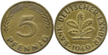 ФРГ 5 ПФЕННИГОВ 1949 D KM 102, J. 377 сталь плакированная латунью 4392-1017