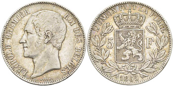Бельгия 5 франков 1865 Леопольд I (1831-1865) KM 17 серебро 4184-611