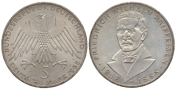 ФРГ 5 марок 1968 J, 150 лет со дня рождения Фридриха Вильгельма Райффайзена J. 396, KM 121 серебро 413-6734