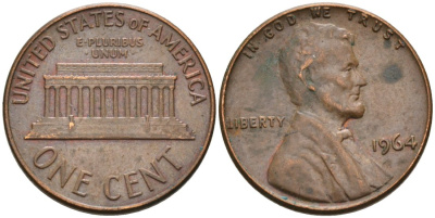 США 1 цент 1964 Линкольн KM 201 медь цинк 4564-434