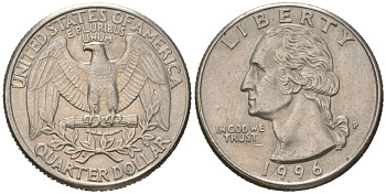 США 25 центов = квотер = 1/4 доллара 1996 P, Джордж Вашингтон KM 164a медь плакированная медно-никелем 216-756