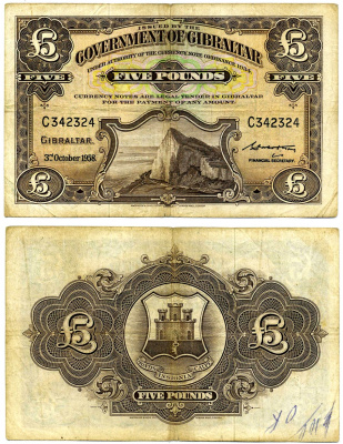 ГИБРАЛТАР 5 ФУНТОВ 1958 3 ОКТЯБРЯ 1958, TDLR Pick 19а бумага 451-374-1