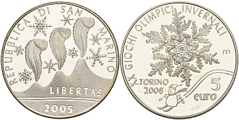 Сан-Марино 5 евро 2005 Зимние Олимпийские игры 2006 в Турине, снежинка,  в оригинальной коробке, с сертификатом KM 511 серебро PROOF 4-5-1-18