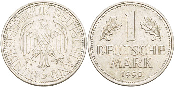 ФРГ 1 МАРКА 1990 D KM 110, J. 385 медно-никель 117-752