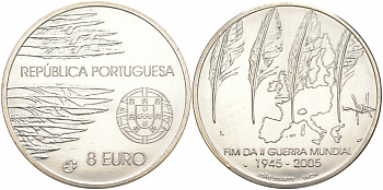 Португалия 8 евро 2005 60 лет окончания 2-ой мировой войне KM 773 серебро UNC 00-00