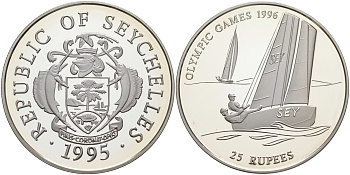 Сейшельские острова 25 рупий 1995 олимпийские игры 1996 года в Атланте, регата, тираж 30000 экз. KM 80 серебро PROOF 1074-4-51
