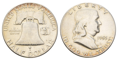 США 1/2 доллара (50 центов) 1953 Бенджамин Франклин, колокол KM 199 серебро 1531-1123