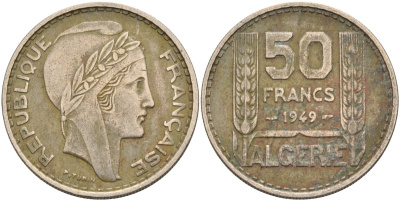 Алжир, Французский 50 франков 1949 KM 92 медно-никель 4126-921