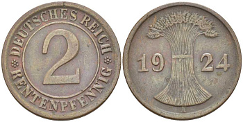 ГЕРМАНИЯ 2 РЕНТЕНПФЕННИГА 1924 A KM 31, J. 307 бронза 206-1161