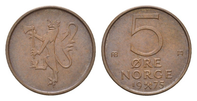 Норвегия 5 эре 1975 Улаф V (1957-1991) KM 415 бронза 4702-265