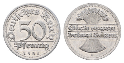 Германия 50 пфеннигов 1921 G KM 27, J.301, Weege 10 алюминий UNC 4633-854