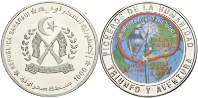 Западная Сахара 1000 песет ND (1997) пионеры человечества - за 19 дней вокруг света, 1999 KM 90 медно-никель UNC 11-080-21
