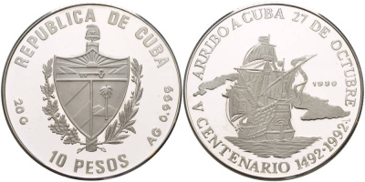 Куба 10 песо 1990 серия 500 лет открытия Америки (1492-1992), испанский парусник на фоне карты кубы. KM 252.1 серебро PROOF 05-086-22