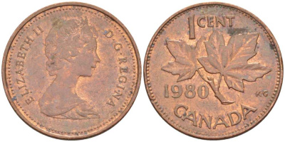 Канада 1 цент 1980 Елизавета II (1952-2022), кленовый лист KM 127 бронза 54-1138
