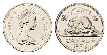 Канада 5 центов 1979 Елизавета II (1952-2022), бобр KM 60.2 никель PROOF-LIKE (BU) 4685-836