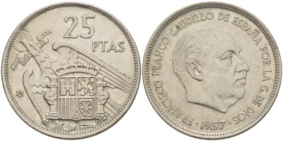 ИСПАНИЯ 25 ПЕСЕТ 1957 (74) ФРАНСИСКО ФРАНКО ДИКТАТОР ИСПАНИИ ( 1939- 1975) KM 787 медно-никель 216-721