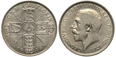 Великобритания 2 шиллинга = 1 флорин 1916 Георг V (1910-1936) KM 817, Spink 4012 серебро XF 1518-1611