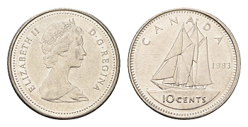 Канада 10 центов 1983 Елизавета II (1952-2022), парусник KM 77 никель 4689-554