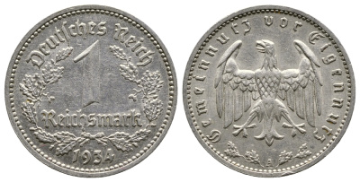 ГЕРМАНИЯ 1 РЕЙХСМАРКА 1934 А KM 78, J. 354 никель 4380-535