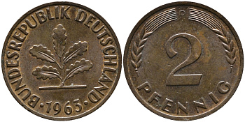 ФРГ 2 пфеннига 1963 D KM 106, J.381 бронза 99-132