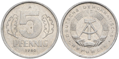 ГДР 5 пфеннигов 1980 A KM 9.2 алюминий 4143-723
