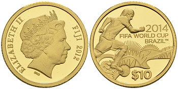 Фиджи 10 долларов 2012 чемпионат мира по футболу в Бразилии, атака, тираж до 1000 экземпляров KM 310 золото PROOF 00-00