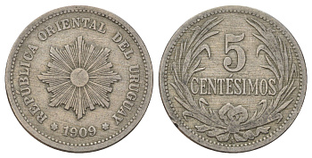 Уругвай 5 сентесимо 1909 KM 21 медно-никель 4390-1134