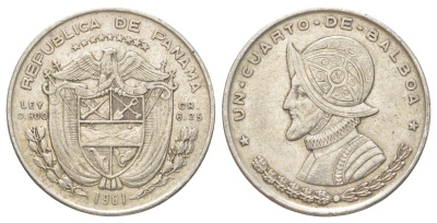 Панама 1/4 бальбоа 1961 KM 25 серебро 4624-216