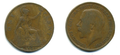 Великобритания 1 пенни 1921 Георг V (1910-1936) KM 810, Spink 4051 бронза 41-542