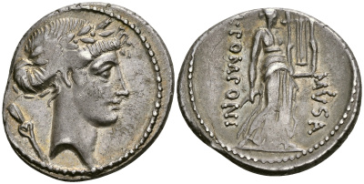 Римская Республика денарий 66 г. до н.э. монетарий КВ. Помпоний Муза. голова Аполлона / Терпсихора - муза танца ABOUT EXTREMELY FINE 4,03 ГР. Crawf. 410/7 d; Syd. 820 a серебро 00-814-95