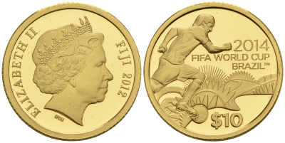 Фиджи 10 долларов 2012 чемпионат мира по футболу в Бразилии, атака, тираж до 1000 экземпляров KM 310 золото PROOF 00-00