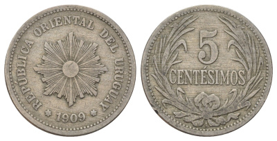 Уругвай 5 сентесимо 1909 KM 21 медно-никель 4390-1134